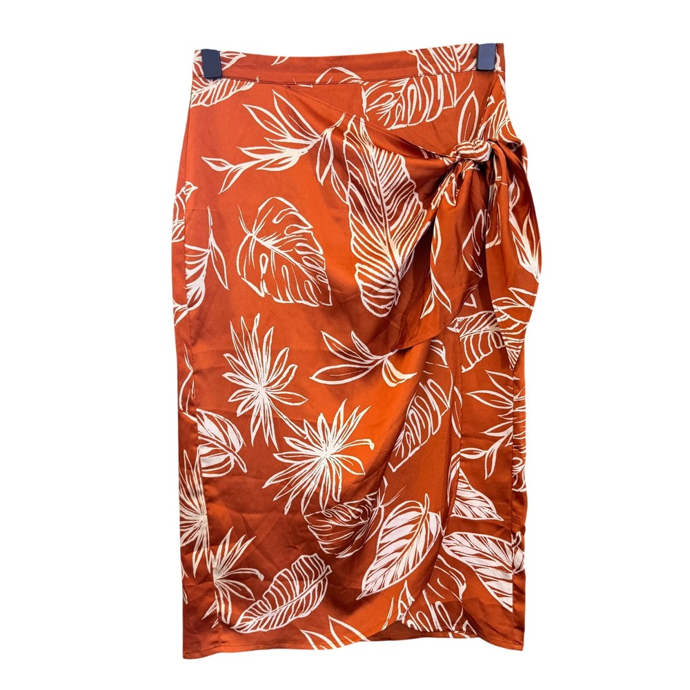 Forever 21 Rust Orange Small Skirt Tropical Leaf Print Faux Wrap Midi Side Tie - Picture 12 of 14